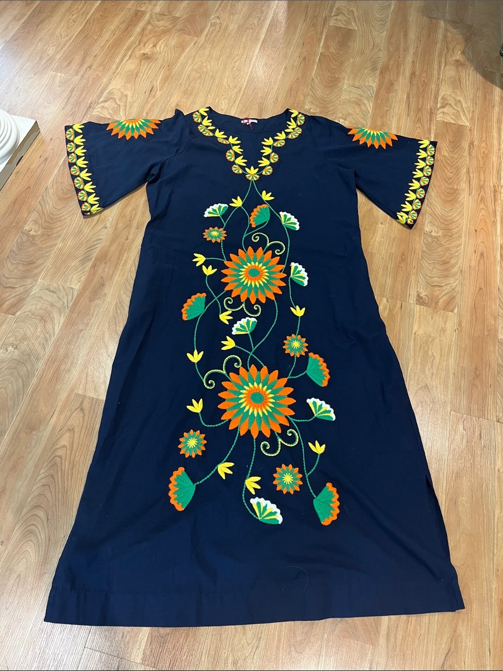 Frances Valentine Navy Maxi Dress with Yellow & Green Floral Embroidery